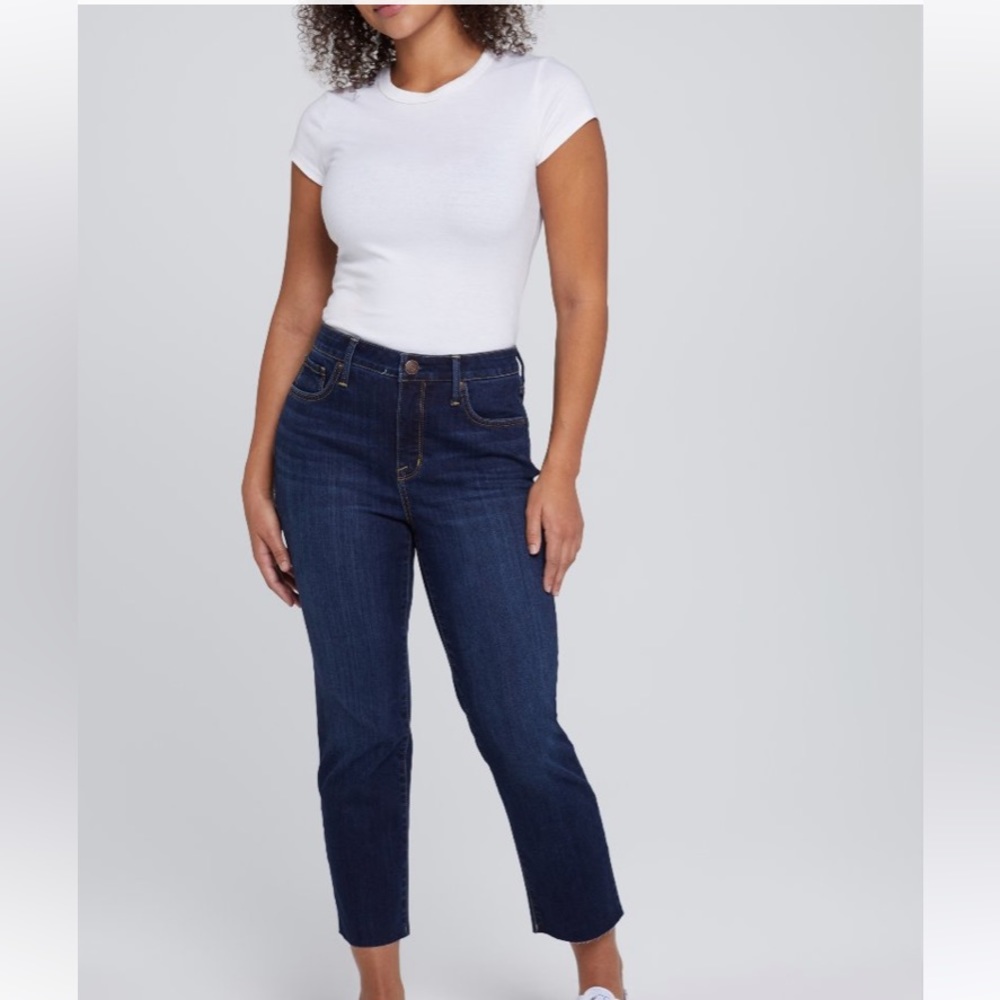 Seven 7 High Rise Stretch Tower Straight Dark Wash Jeans Raw Hem Size 10 NWT’s